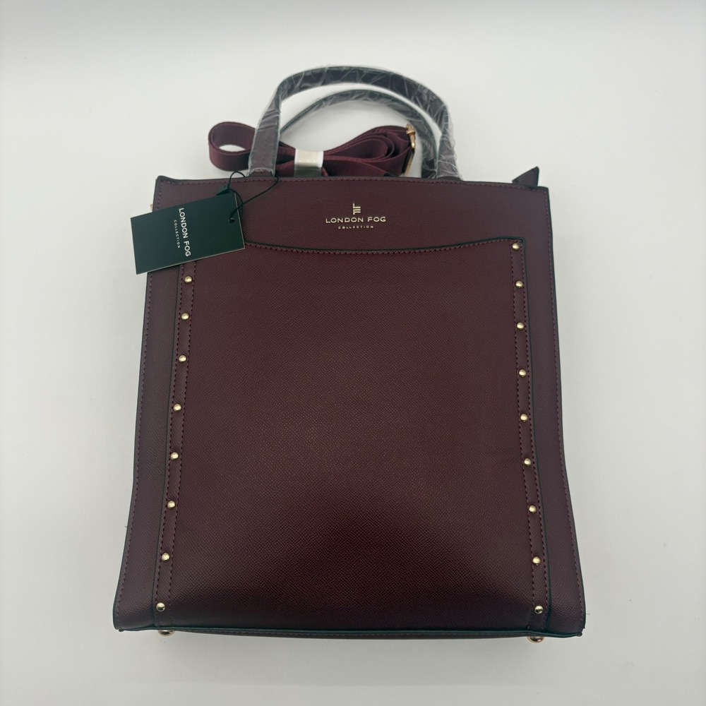London Fog Sophia Studded Tote Plum Burgundy Gold Stud Handbag LFF23803-PLUM NWT